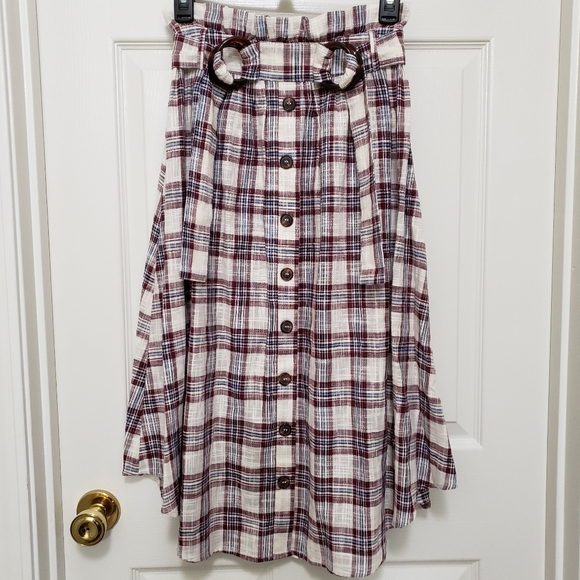 Moon River Dresses & Skirts - Moon River Belted Plaid Linen Blend Midi Skirt High Paper Bag Waist Women's XS